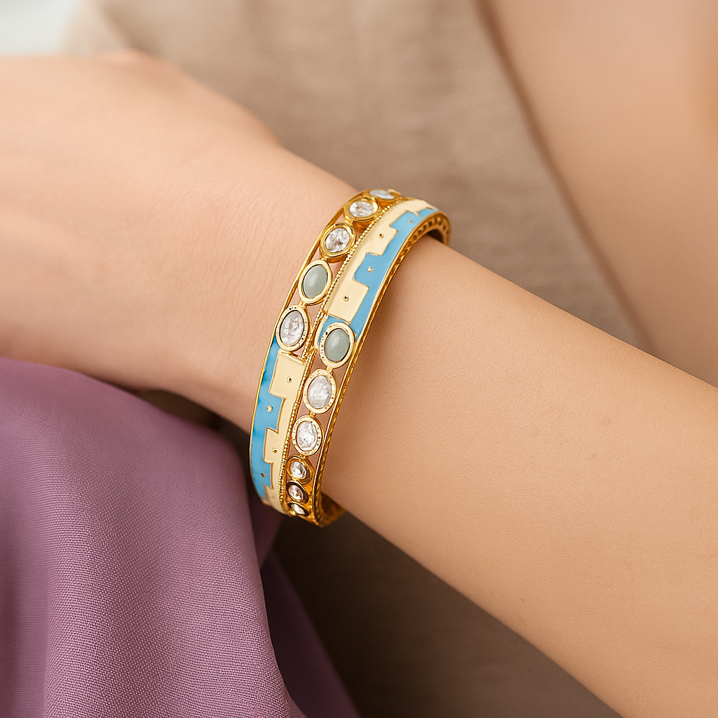 Aqua Enamel Openable Bangle with CZ Stones – Designer Gold Finish (Size 2.4 & 2.6)