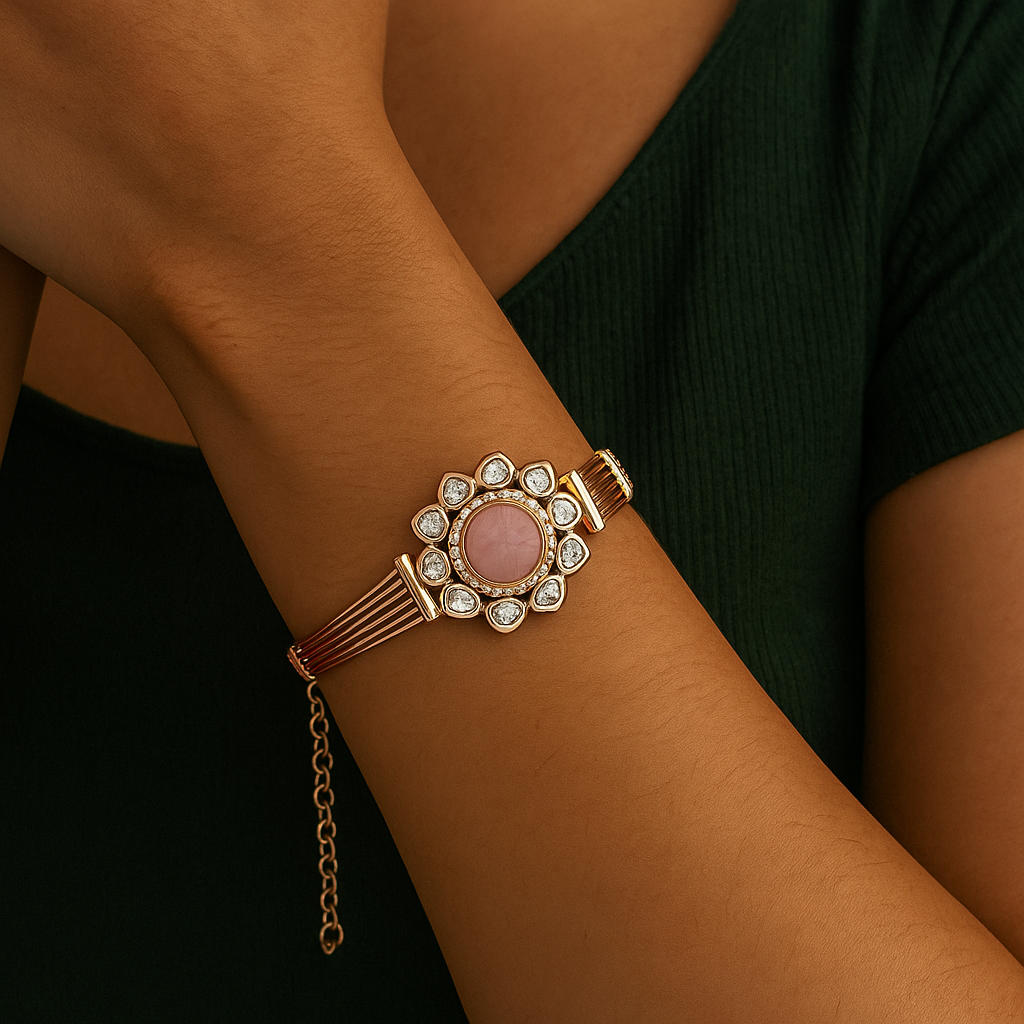 Elegant Pink Stone Polki Bracelet with Rose Gold Finish