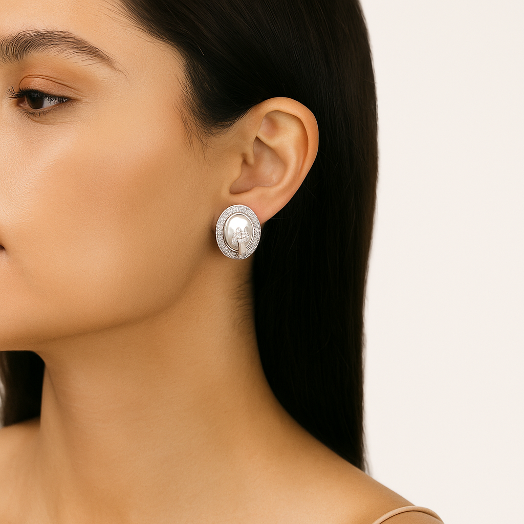 Elegant White Stone Stud Earrings with Floral Diamond Motif