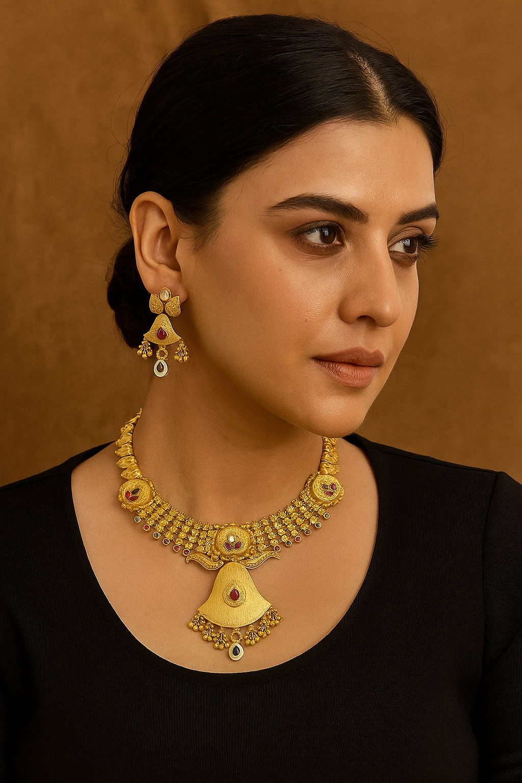 Grand Heritage Temple Necklace Set with Matte Finish & Designer Pendant