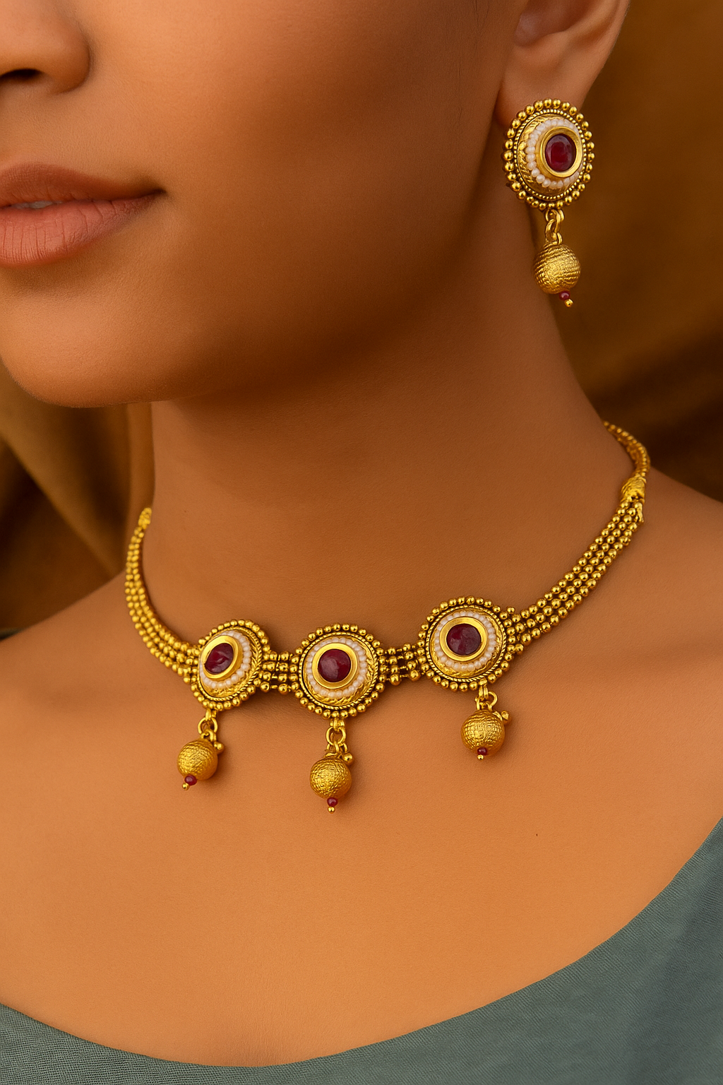 Round Antique Gold Choker Set with Ruby Center & Hanging Beads