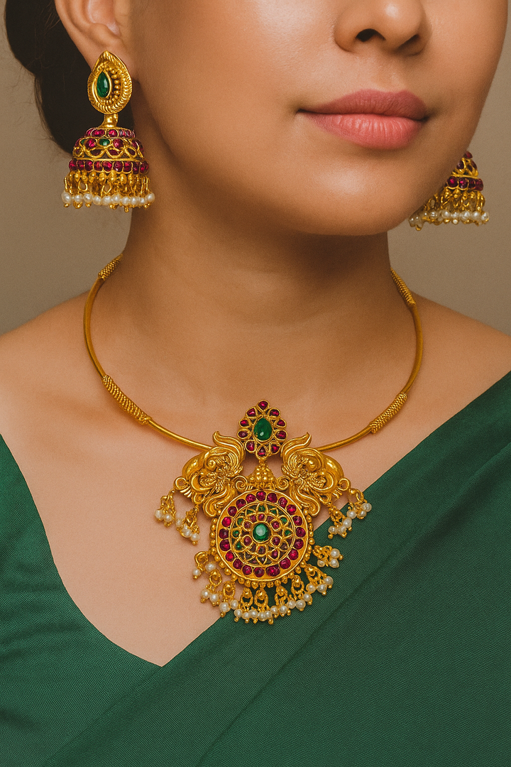 Peacock Motif Temple Necklace Set with Ruby-Green Stones & Pearl Drops