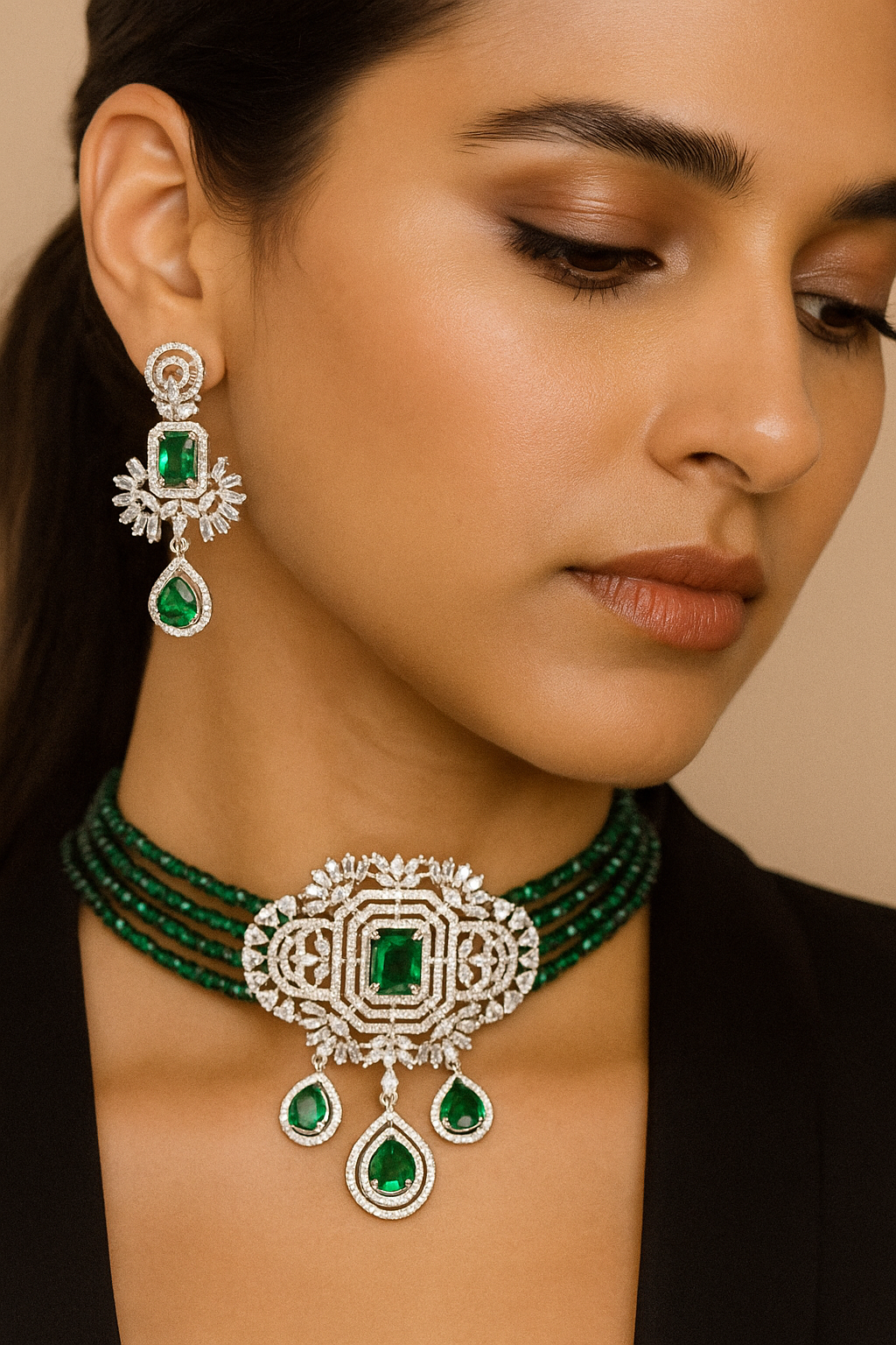 Emerald Green Diamond Choker Set with Statement Earrings