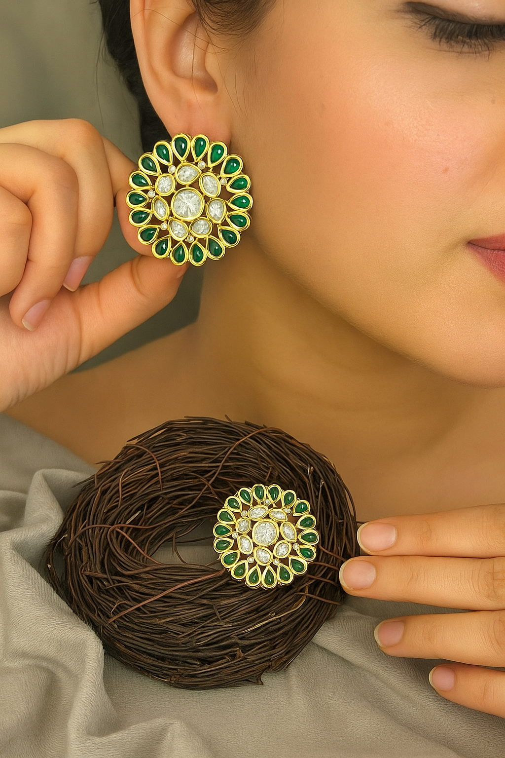 Green Kundan Round Stud Earrings