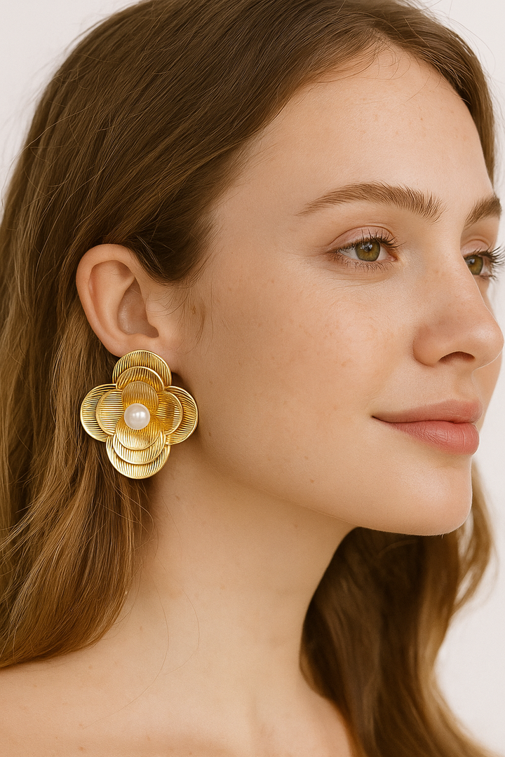 Golden Floral Pearl Stud Earrings – Elegant Party Wear