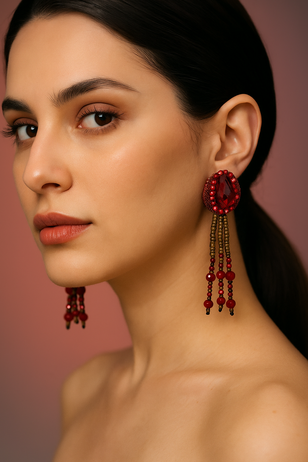 Red Beaded Tassel Earrings with Stone – Festive Party Wear Jewellery