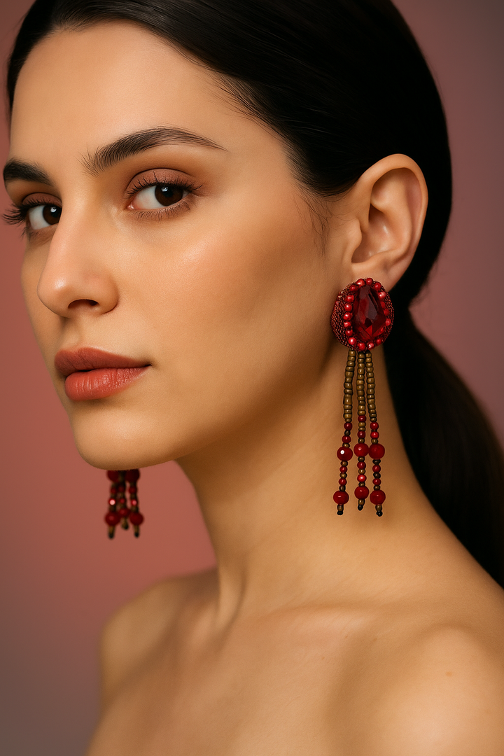 Red Beaded Tassel Earrings with Stone – Festive Party Wear Jewellery