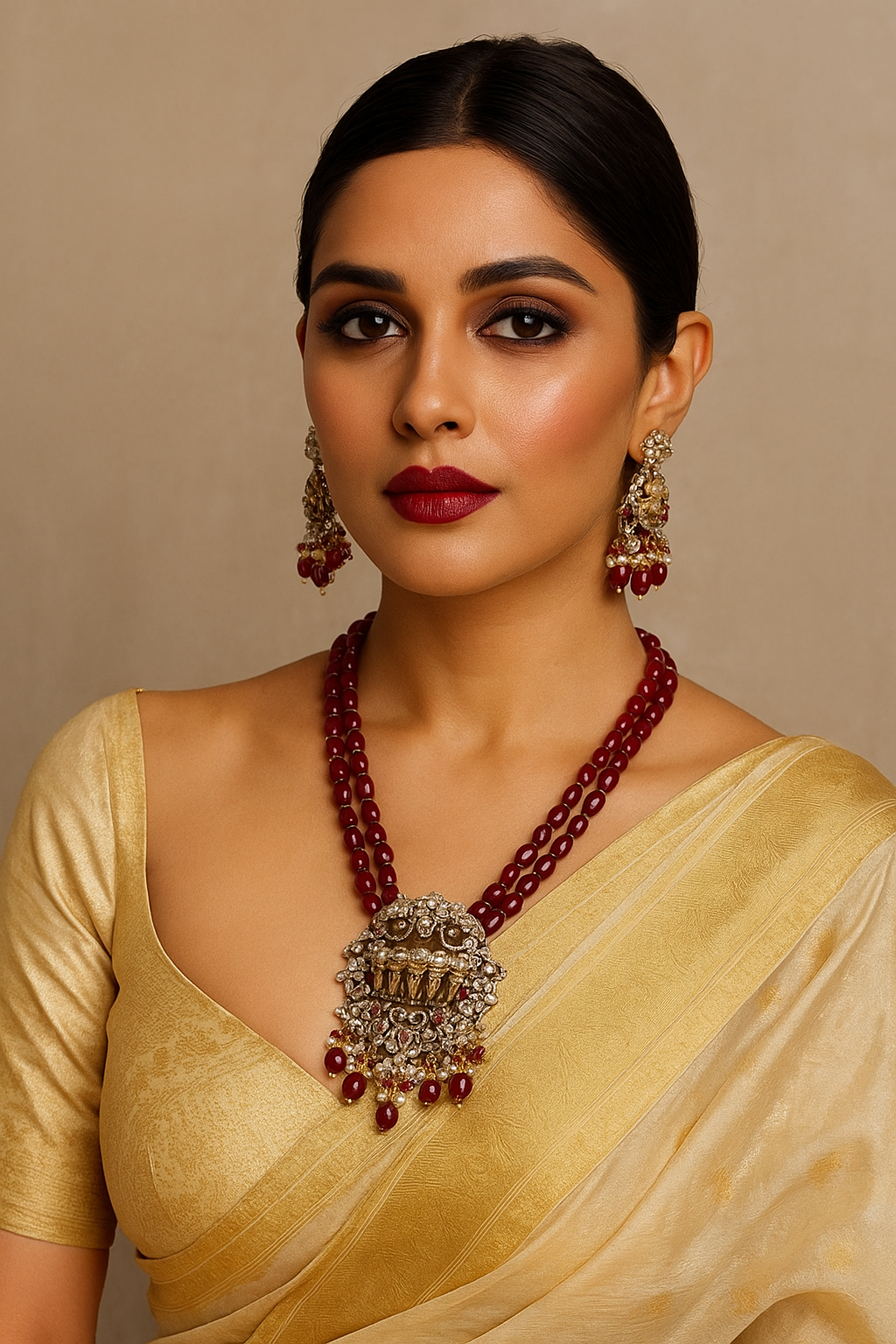 Ruby Beads Heritage Necklace Set with Temple Design – Traditional Bridal Jewellery