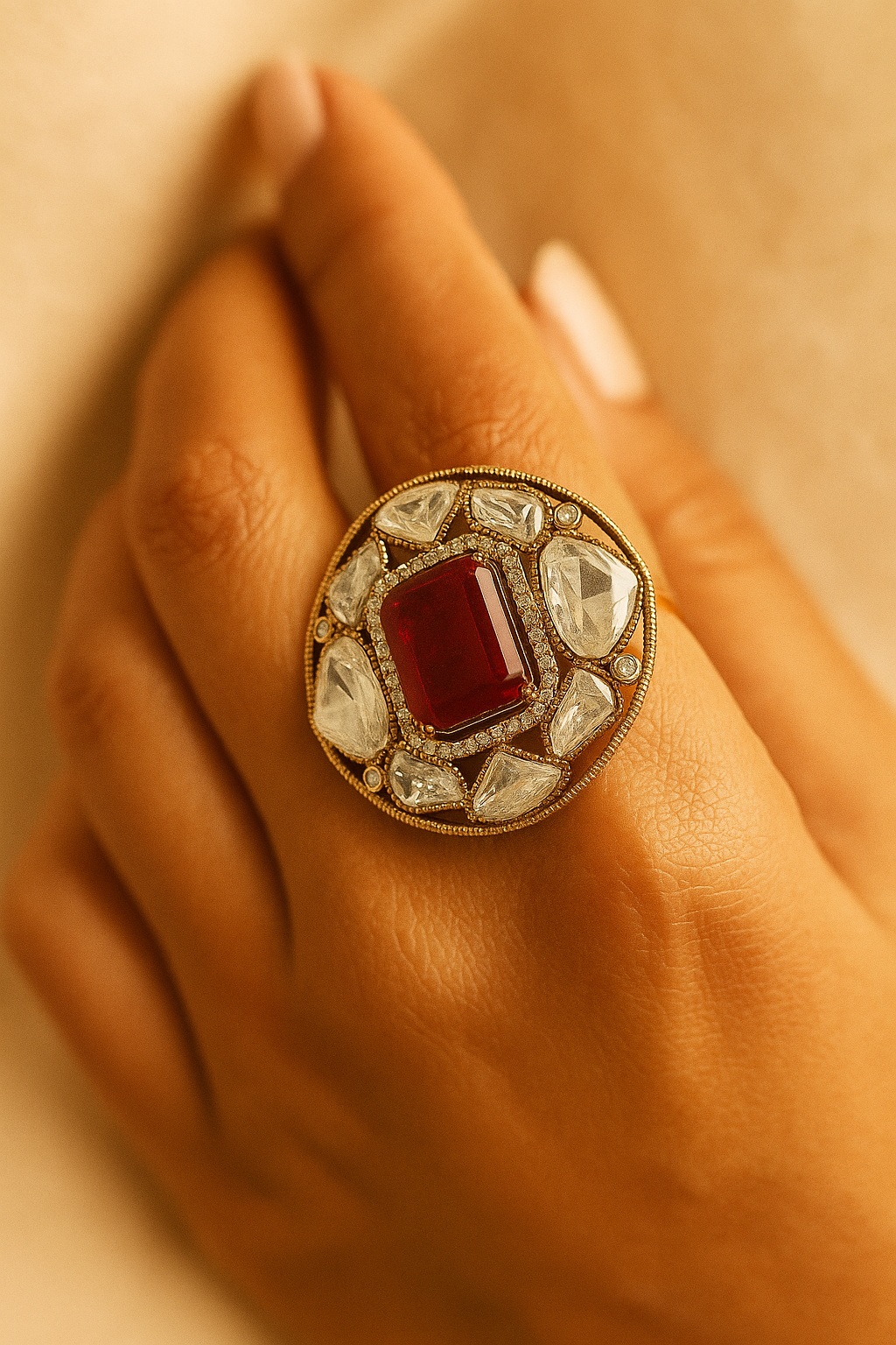 Royal Ruby Red & White Kundan Cocktail Ring – Adjustable Bridal Statement Ring