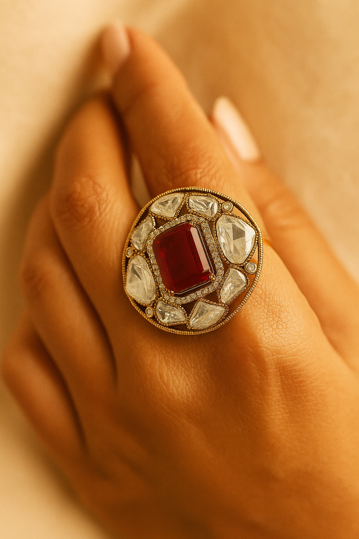 Royal Ruby Red & White Kundan Cocktail Ring – Adjustable Bridal Statement Ring