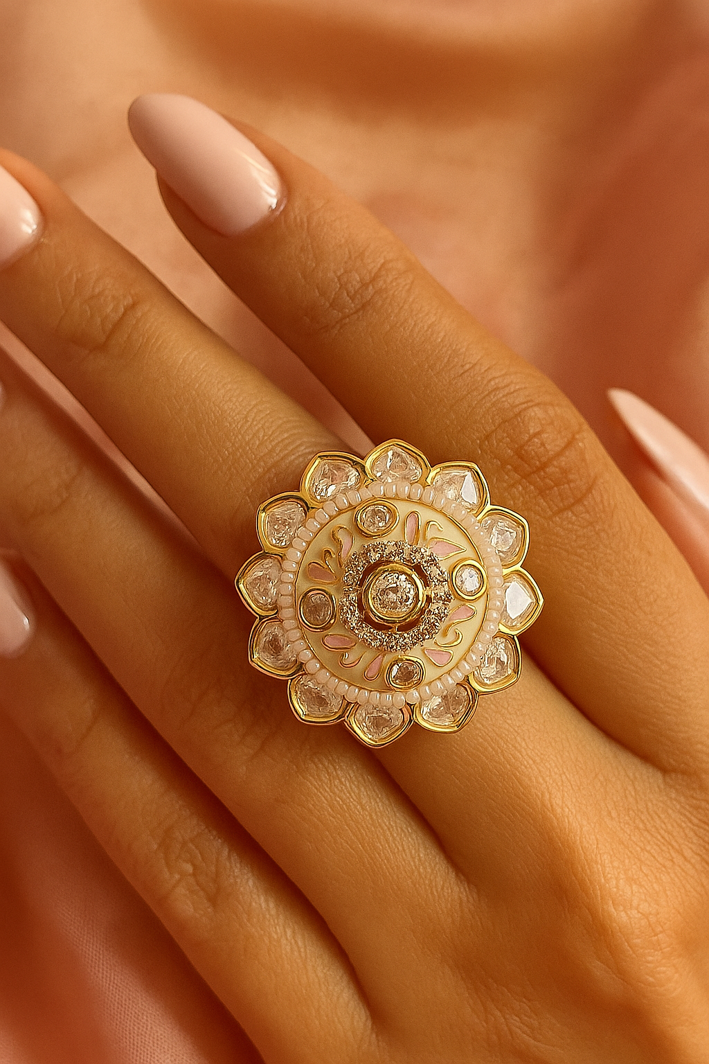 Pastel Pink & White Kundan Adjustable Ring – Floral Enamel Statement Ring