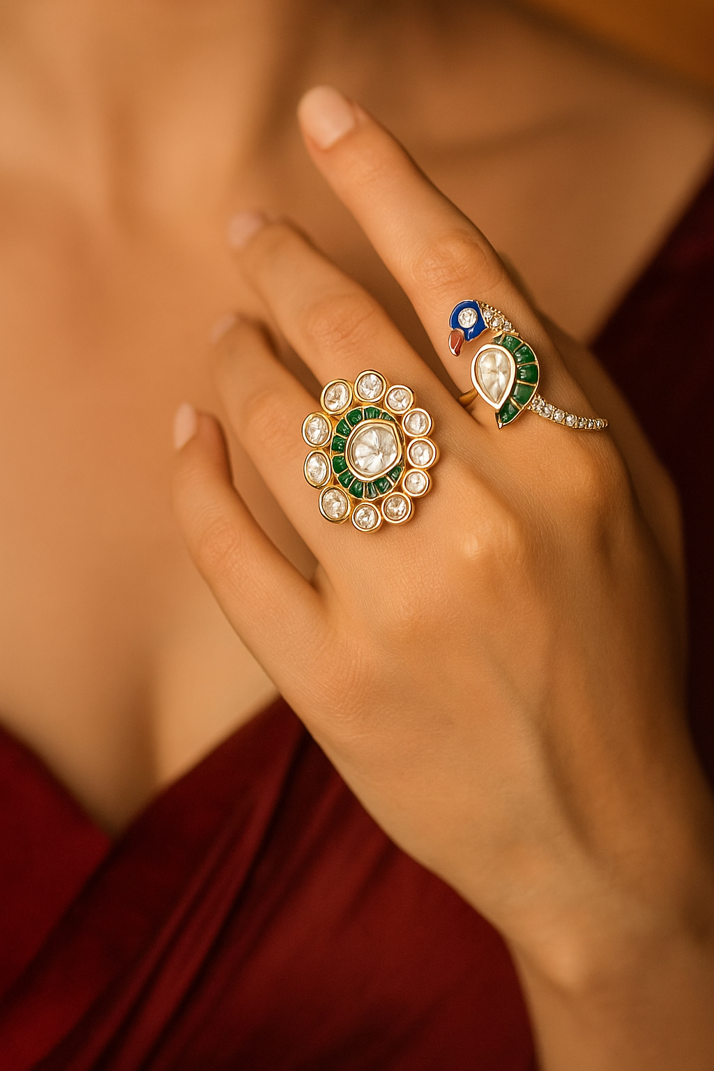 Dual Design Kundan Peacock  Ring – Adjustable Statement Ring