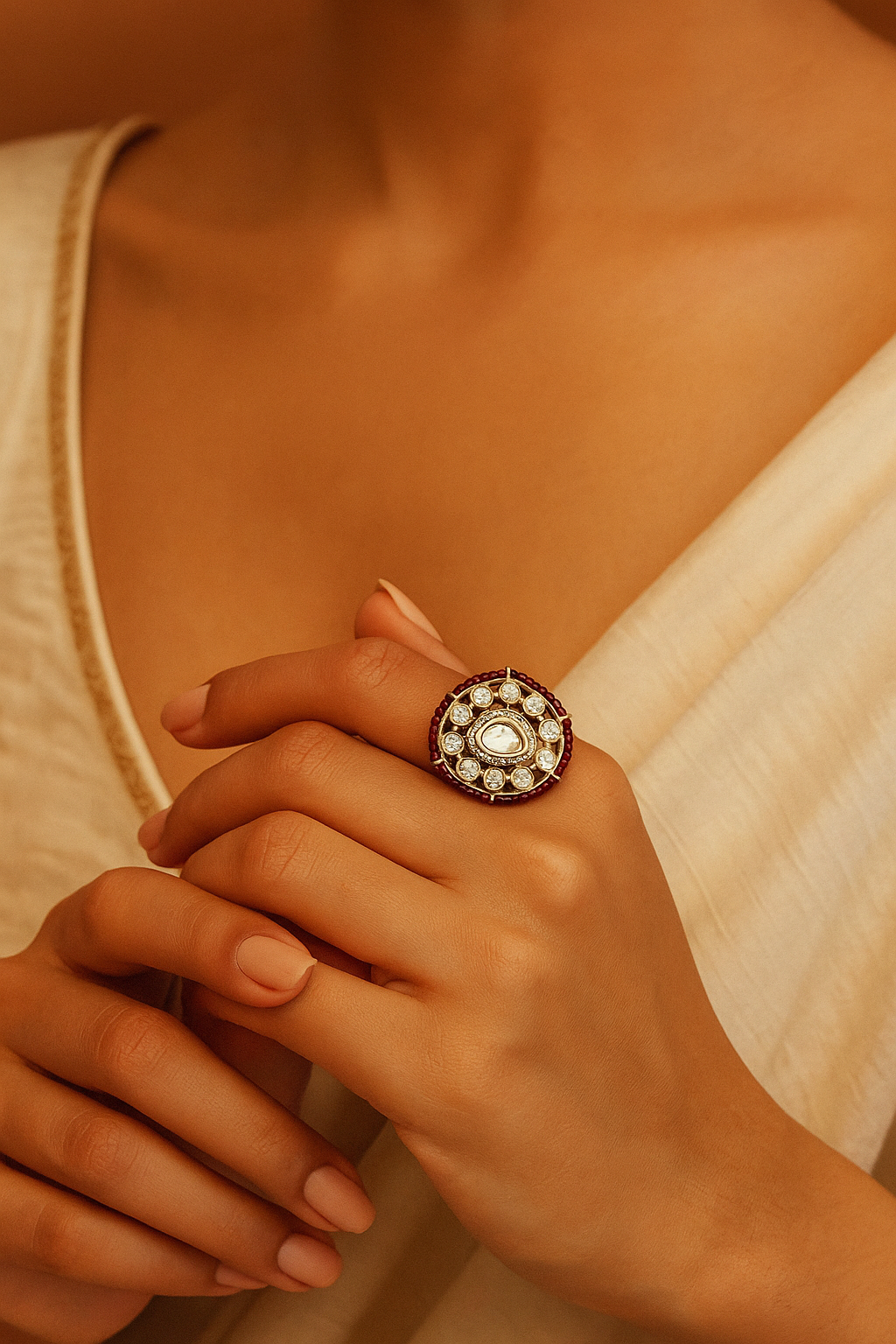 Round Kundan Ring with Red Bead Border – Adjustable Designer Ring