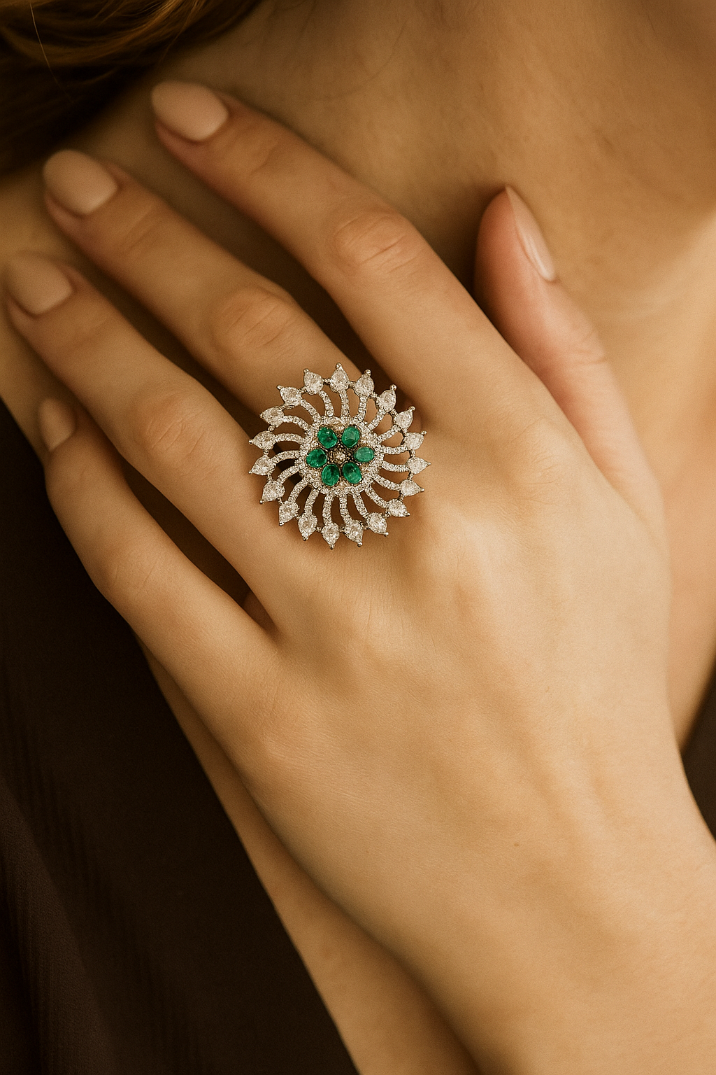 Floral Emerald & CZ Diamond Cocktail Ring – Adjustable Designer Ring