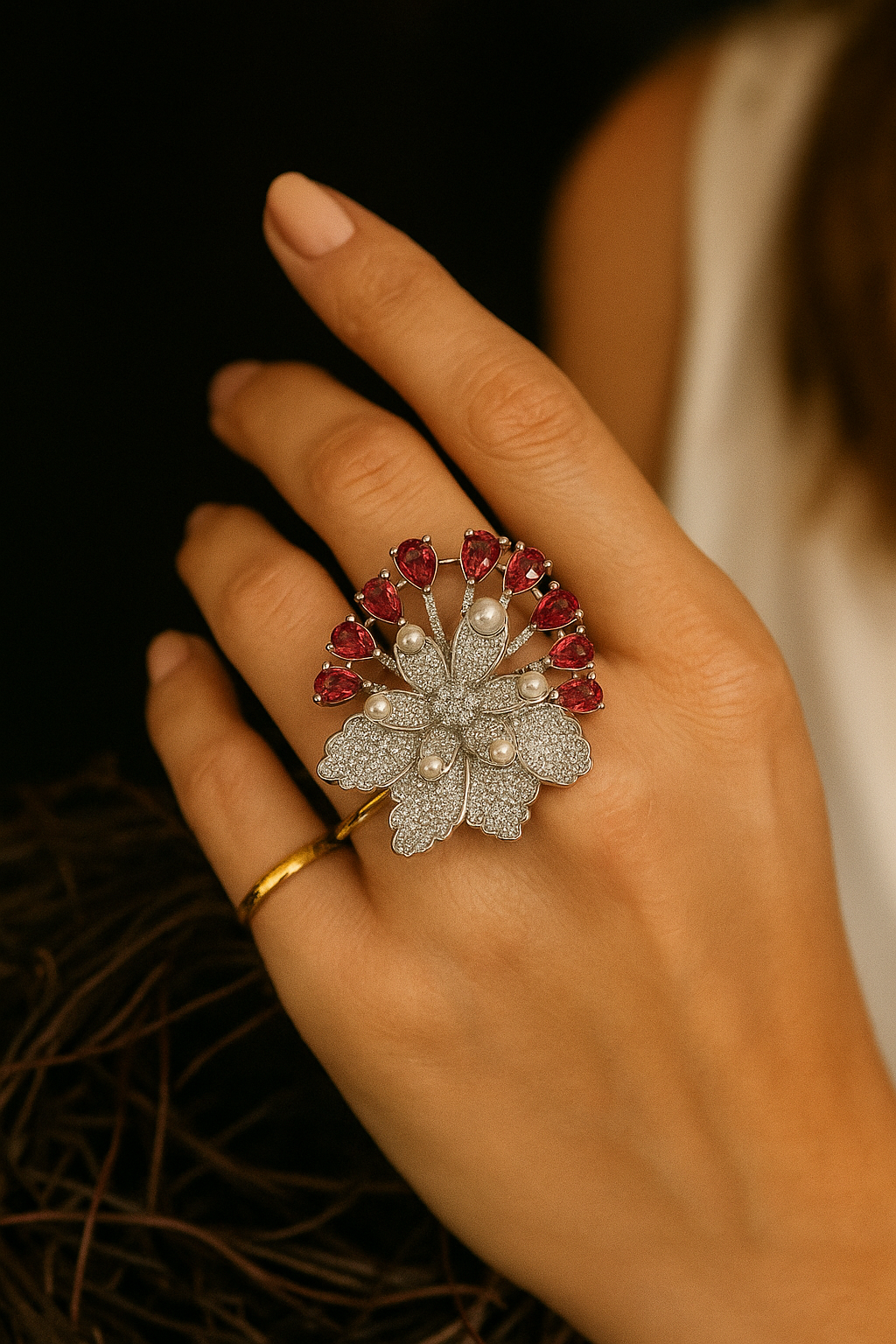 Ruby & Pearl Floral Statement Ring – Designer Adjustable Ring