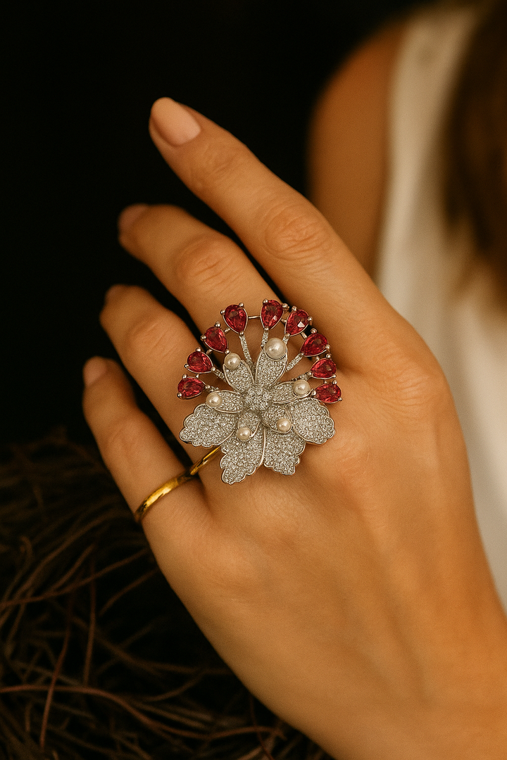 Ruby & Pearl Floral Statement Ring – Designer Adjustable Ring