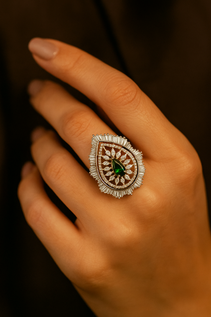 Emerald Drop Statement Ring with CZ Diamond Halo – Luxury Party Wear