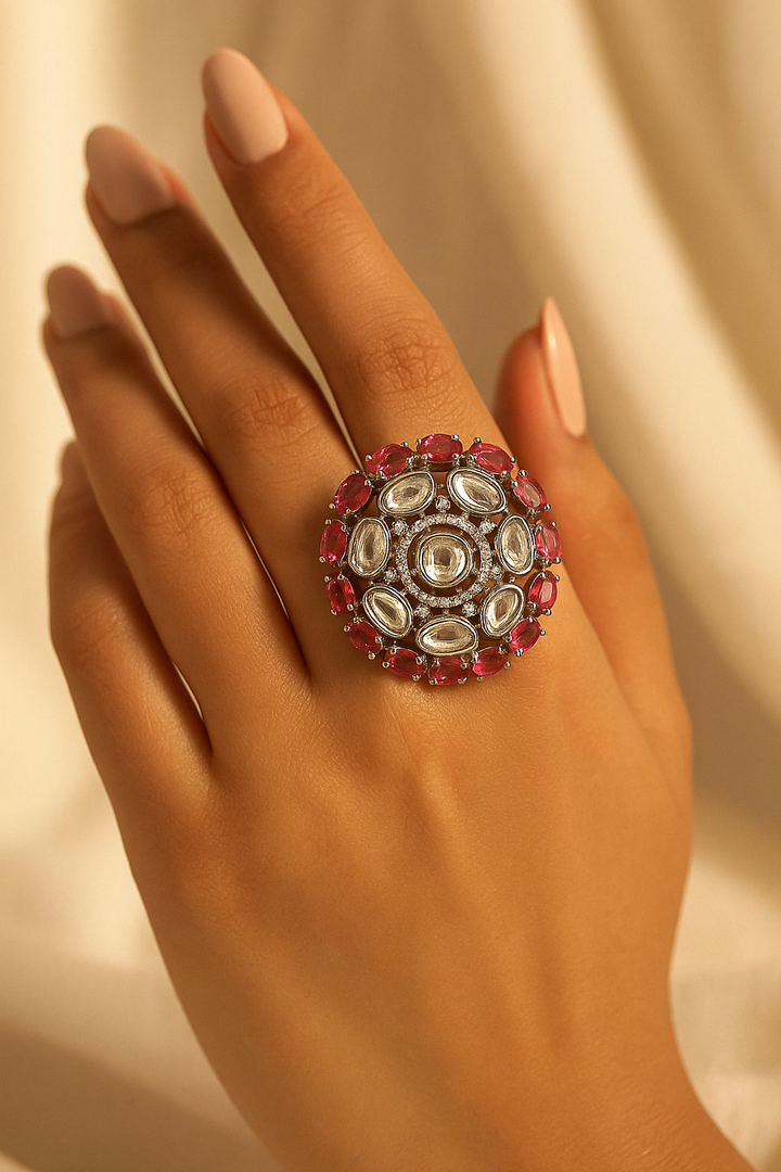 Red & White Stone Statement Ring – Luxury Party Wear Jewellery