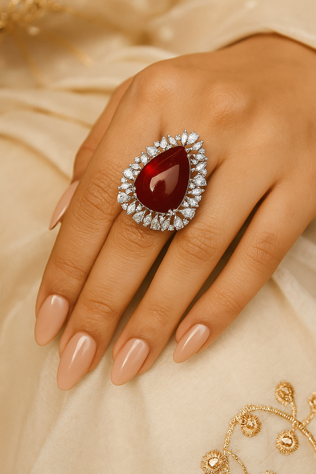 Red Teardrop Stone Statement Ring – Designer Party Wear Jewellery