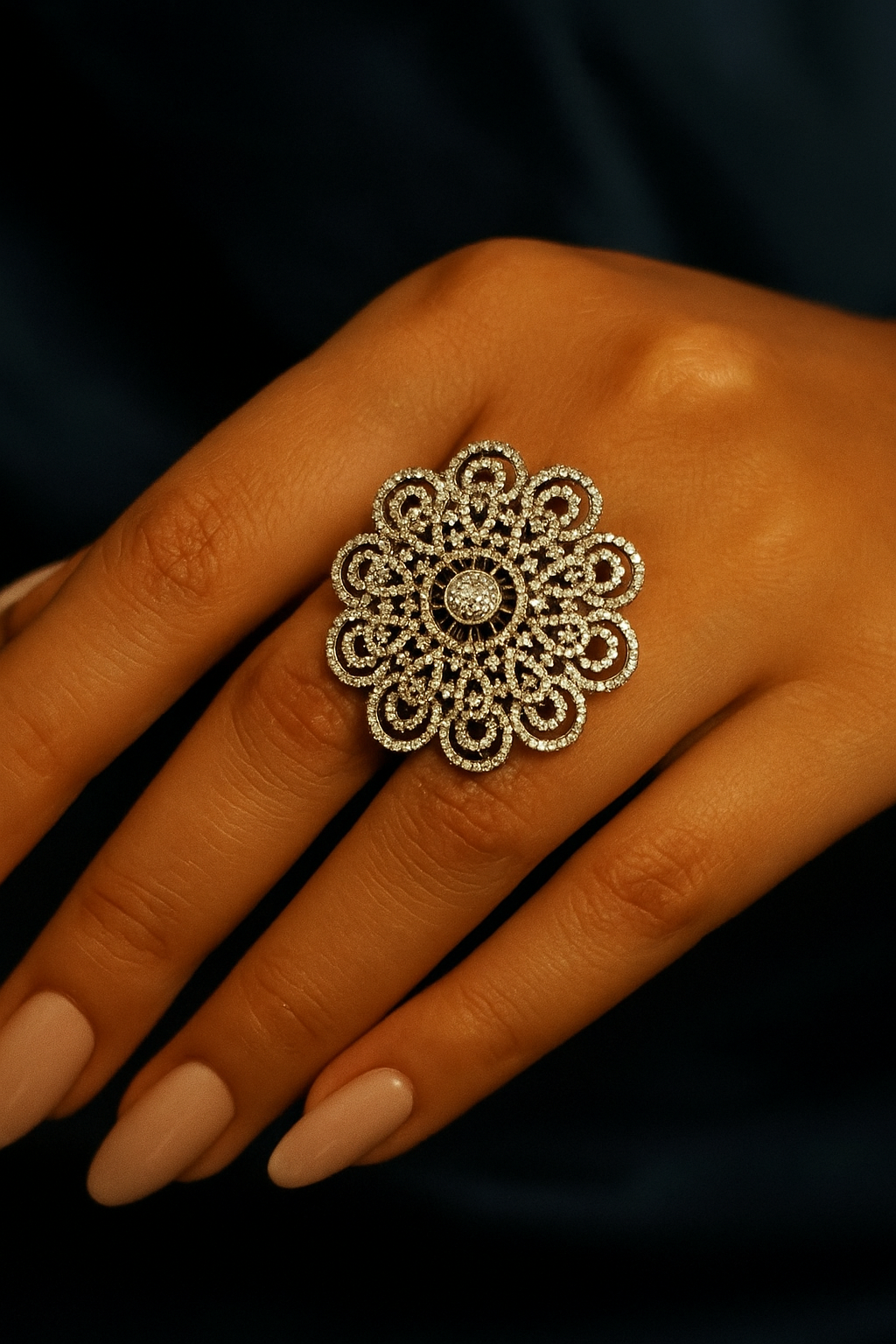 Full Diamond Floral Cocktail Ring – Luxury Party Wear Statement Ring