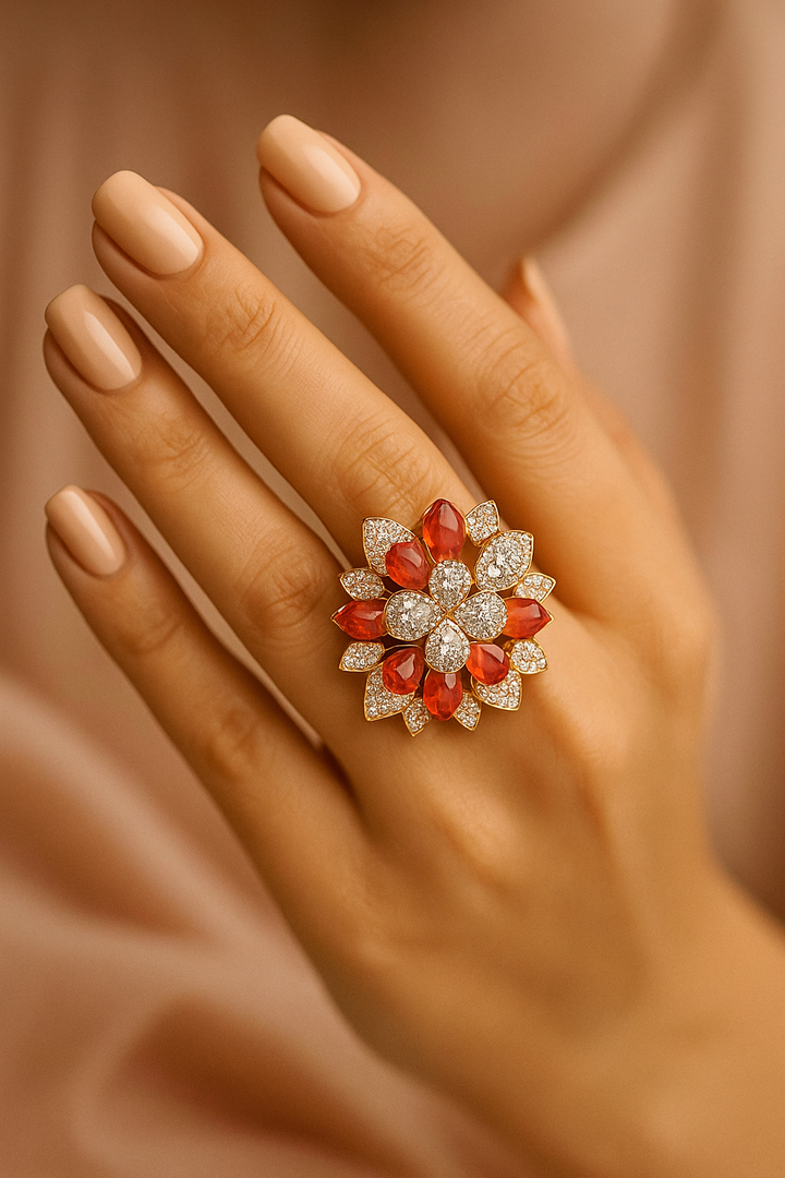 Red Stone Diamond Floral Cocktail Ring – Luxury Party Wear Statement Ring