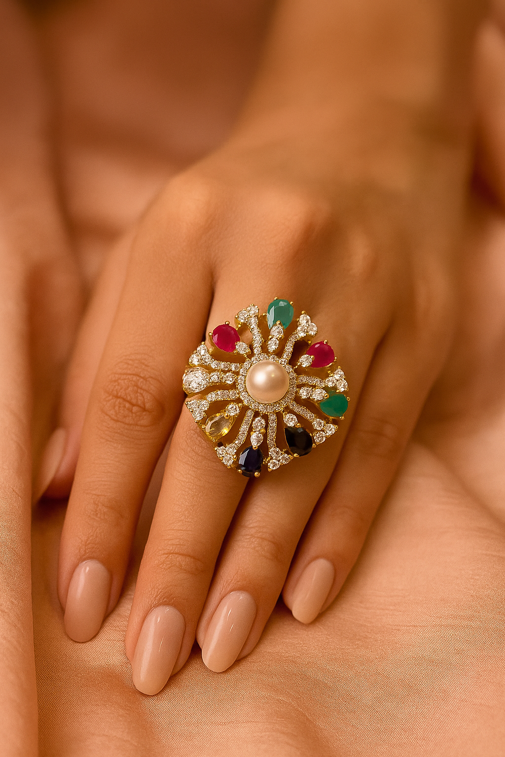 Navratna Pearl Diamond Ring – Multicolor Gemstone Statement Ring