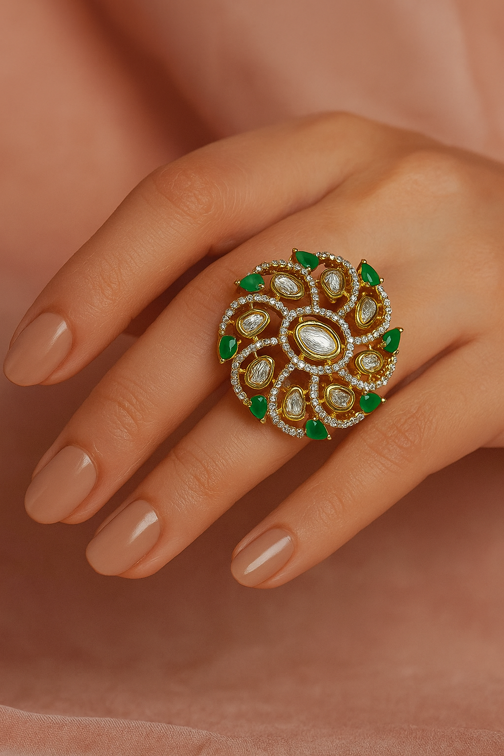 Green Kundan Diamond Statement Ring – Traditional Cocktail Ring