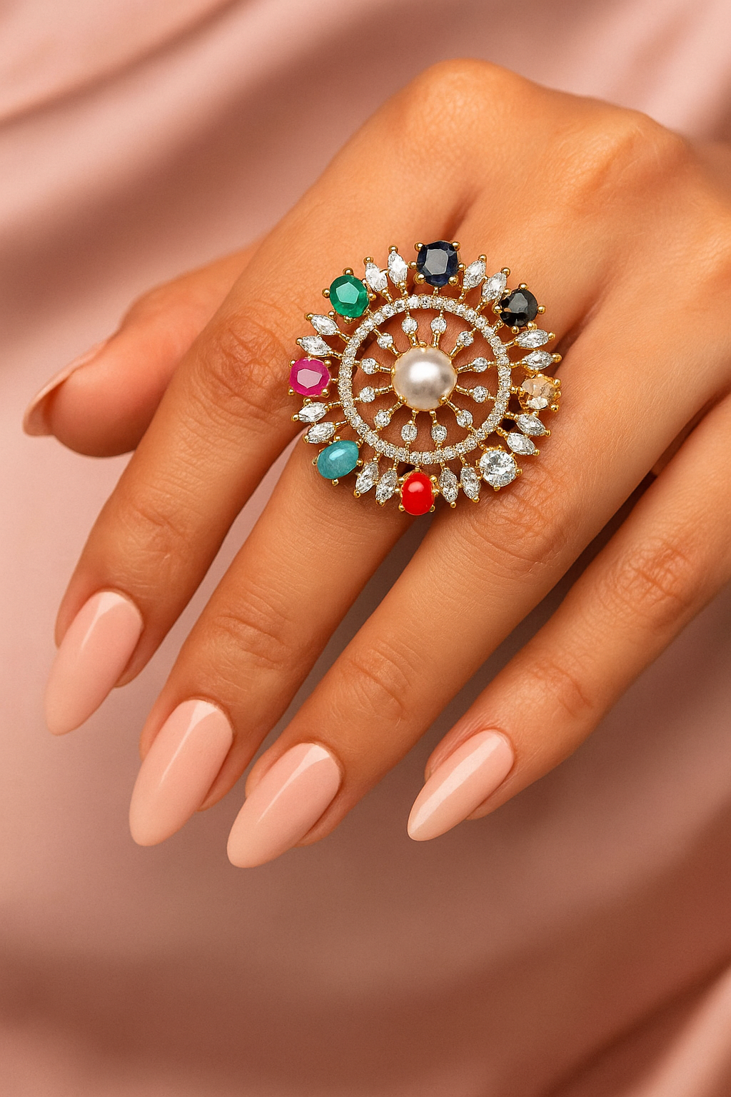 Navratna Pearl Statement Ring – Traditional Multi-Stone Designer Jewellery