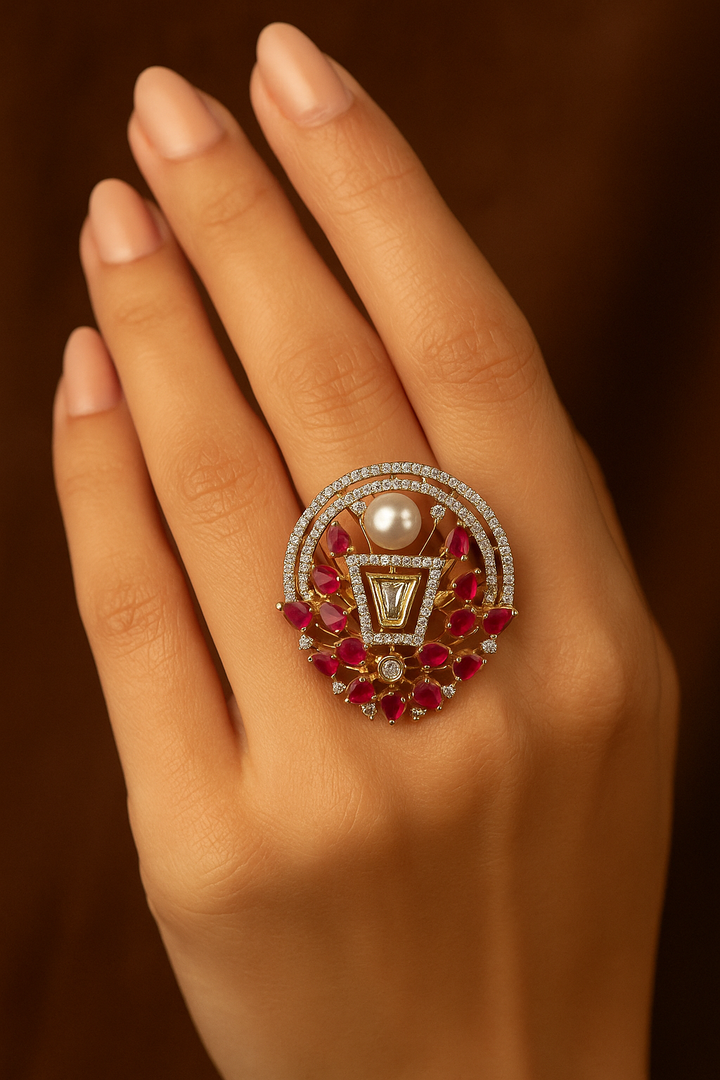 Ruby & Pearl Designer Statement Ring – Luxury Kundan Cocktail Ring