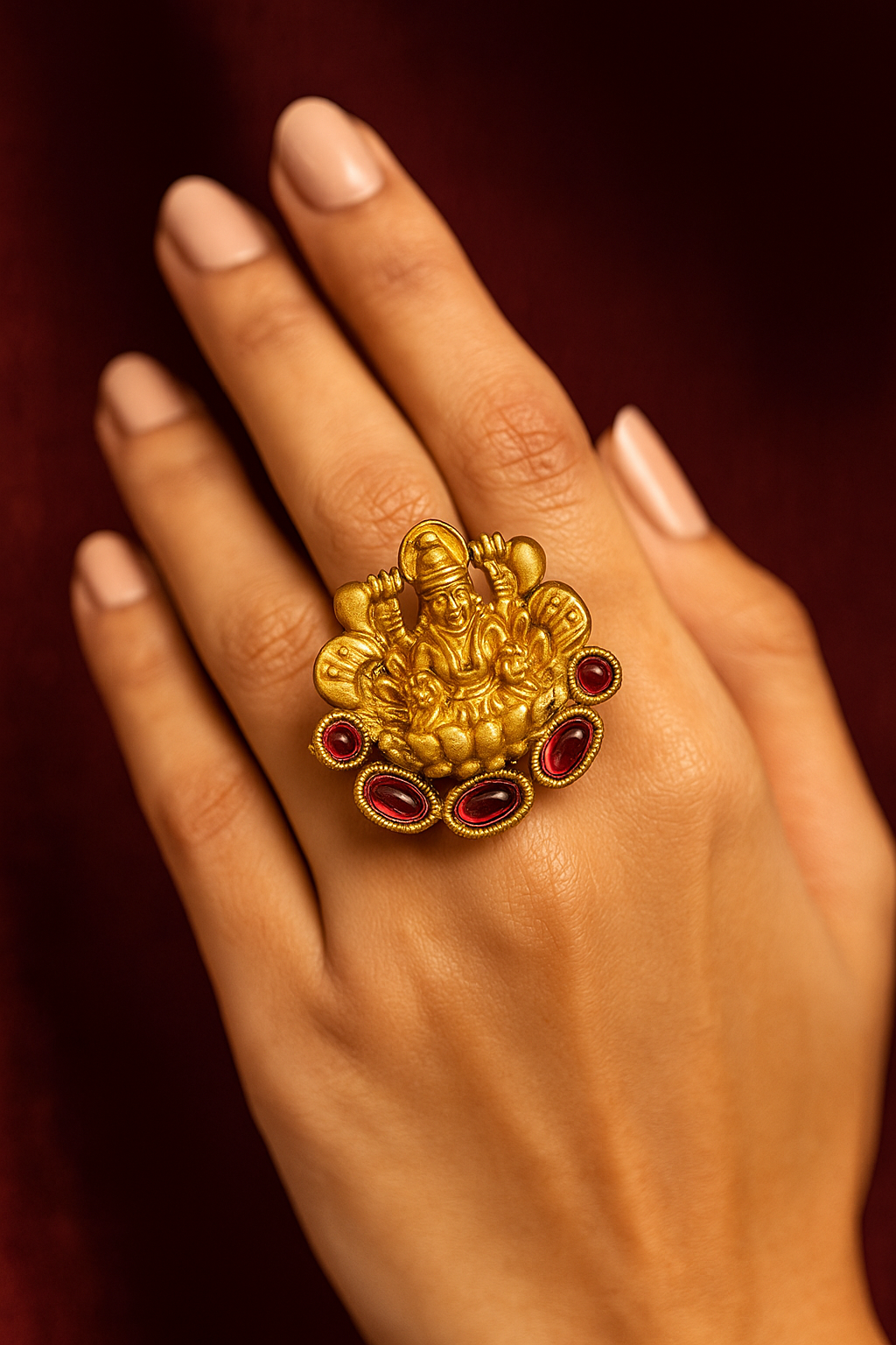 Adjustable Temple Jewellery Ring – Goddess Lakshmi Design with Ruby Stones