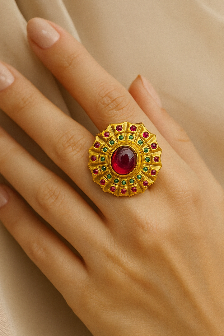 Antique Ruby Green Adjustable Ring – Traditional Gold Finish