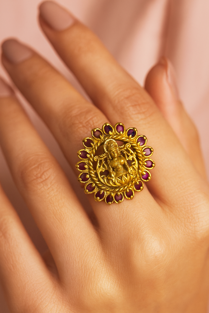 Antique Lakshmi Adjustable Ring – Gold Finish with Ruby Stones