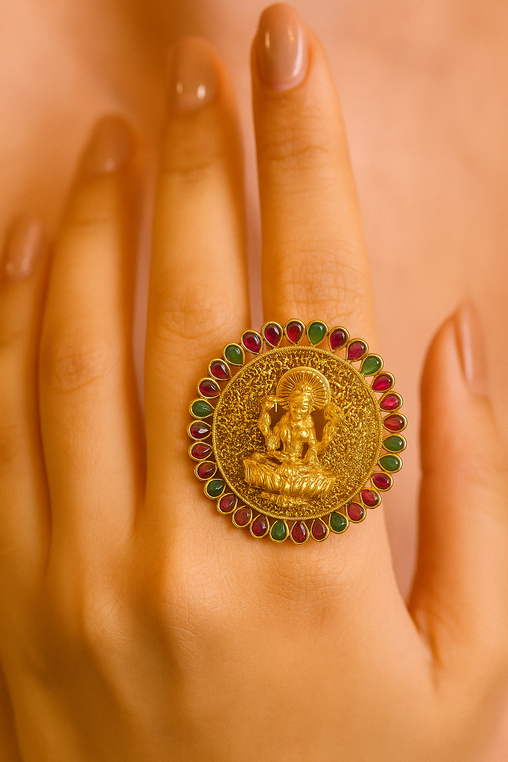 Temple Lakshmi Adjustable Ring – Antique Gold with Ruby Stone Border