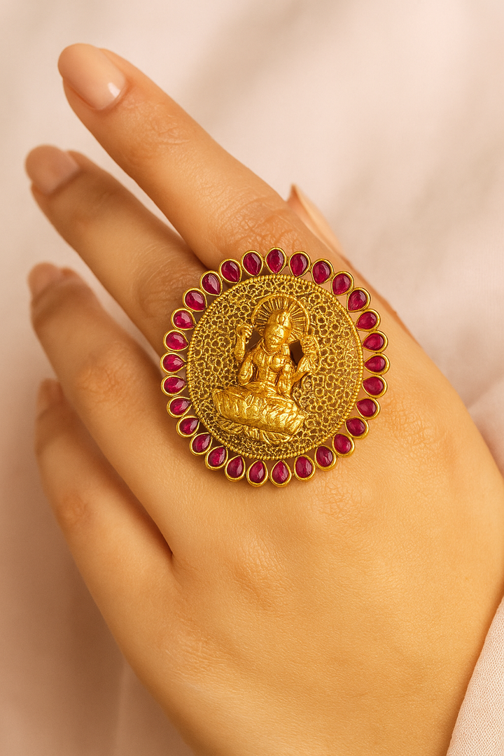 Temple Lakshmi Adjustable Ring – Antique Gold with Ruby Stone Border