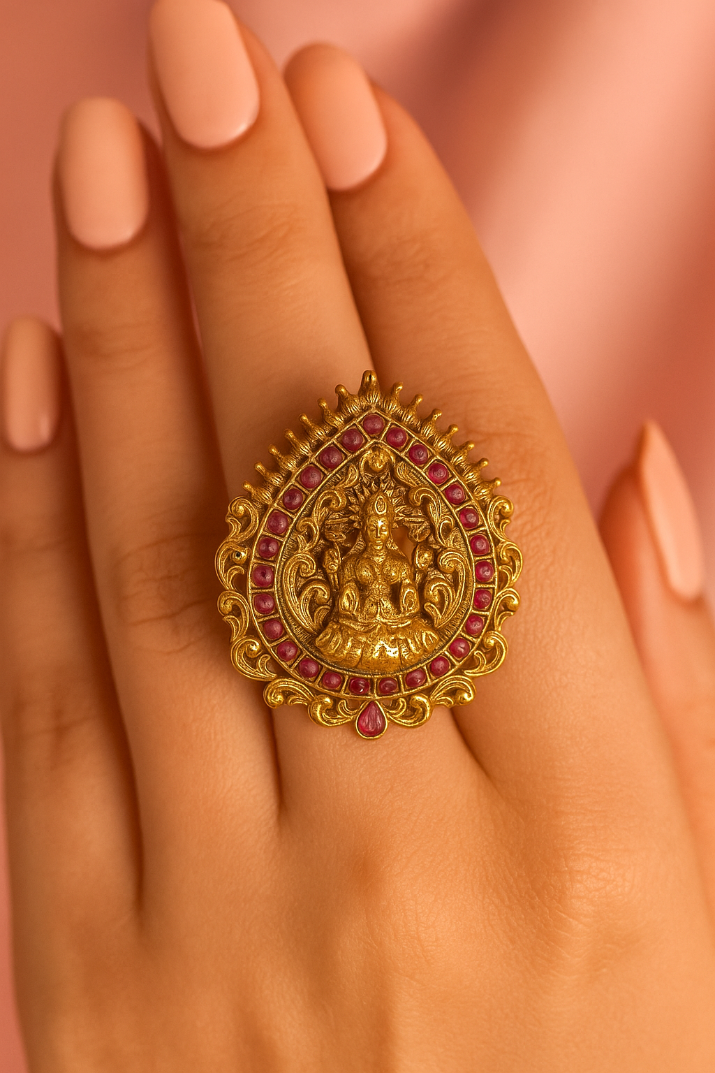 Temple Lakshmi Ruby Adjustable Ring – Antique Gold Finish