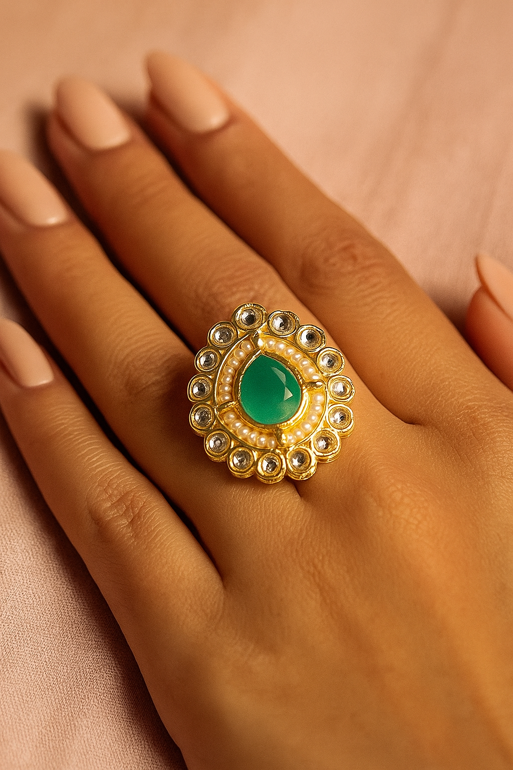 Green Stone Kundan Adjustable Ring – Gold Finish