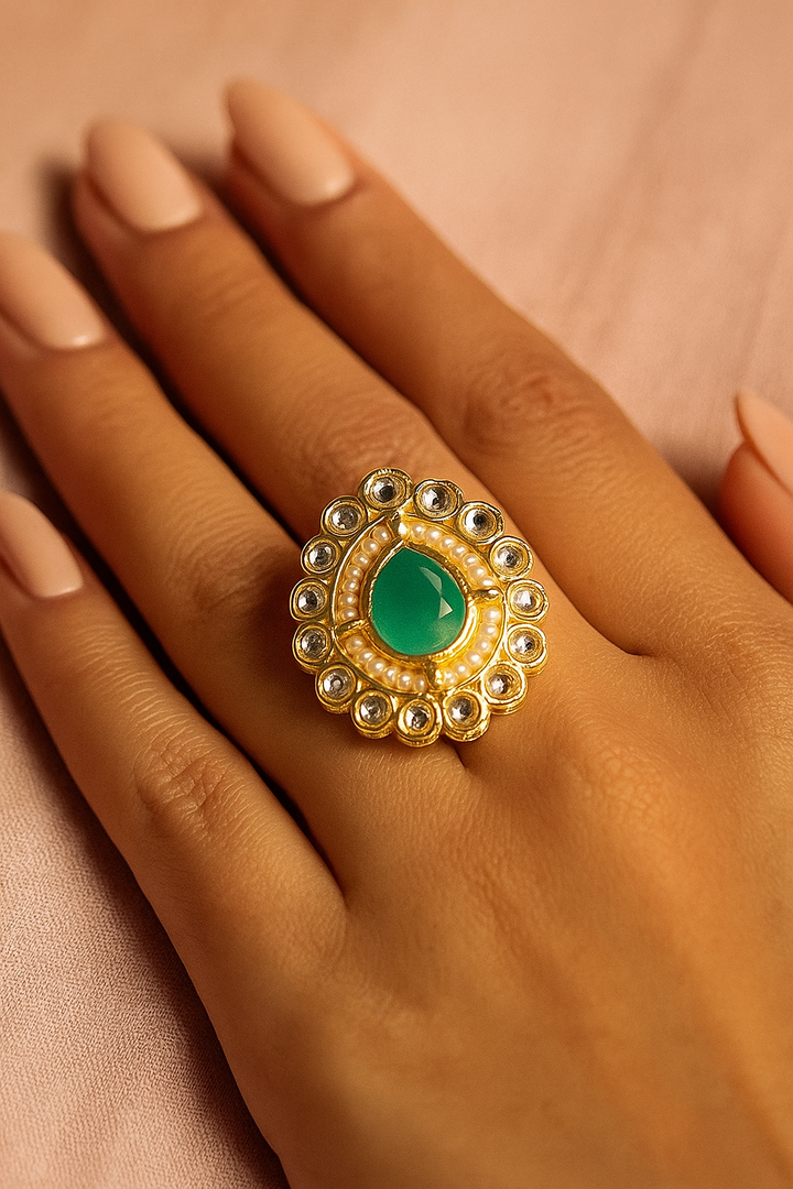 Green Stone Kundan Adjustable Ring – Gold Finish