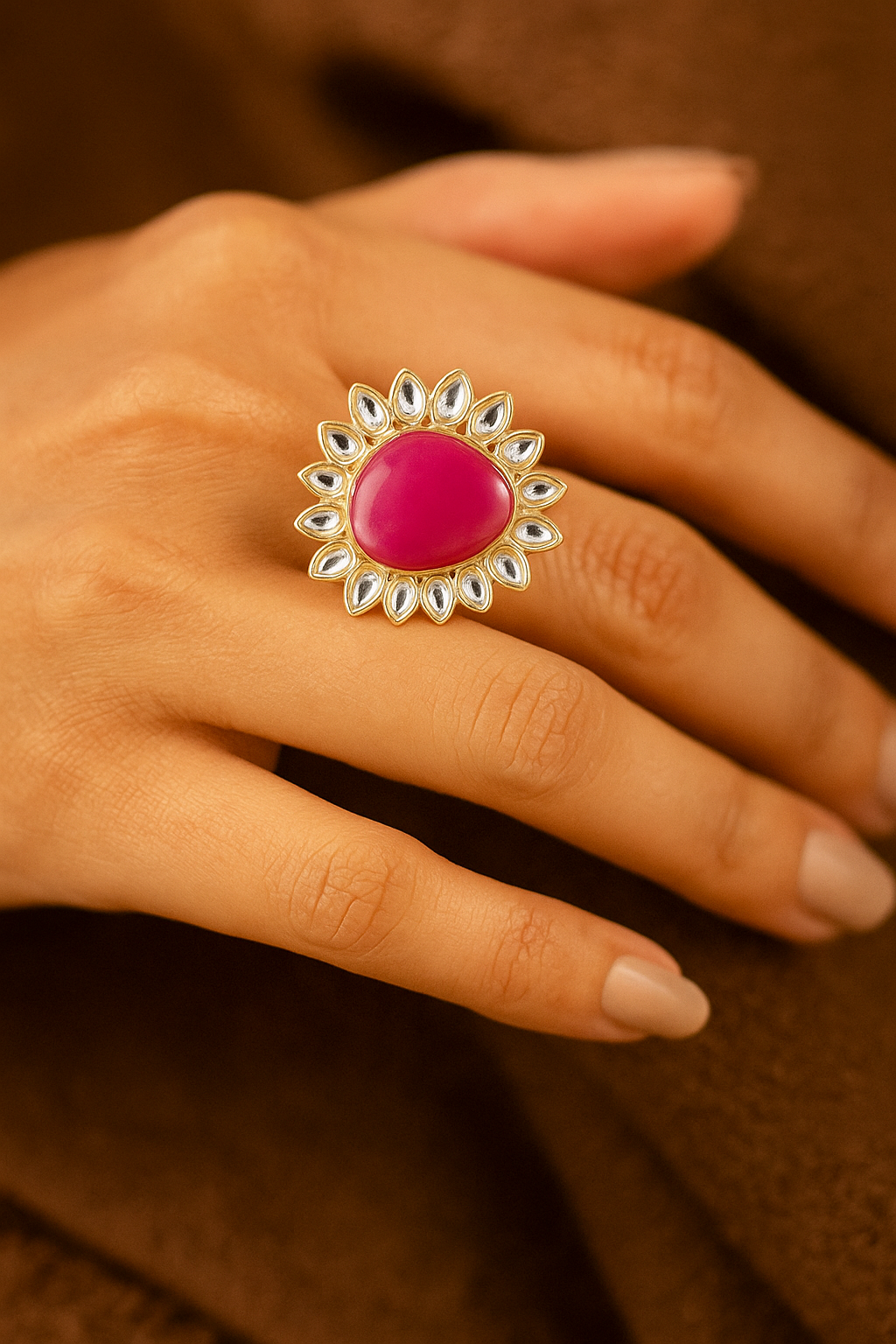 Pink Stone Kundan Adjustable Ring – Gold Finish