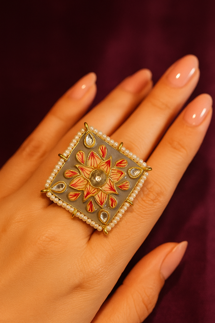 Square Minakari Adjustable Ring – Hand painted Floral Design