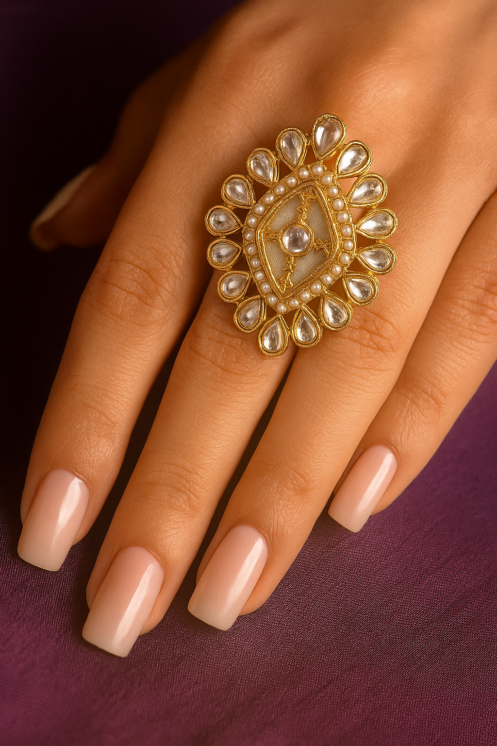 Pearl & Kundan Adjustable Ring – Royal Ethnic Statement Jewellery