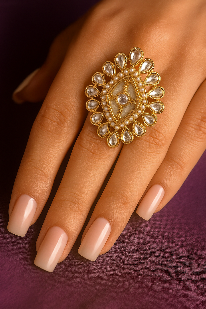 Pearl & Kundan Adjustable Ring – Royal Ethnic Statement Jewellery