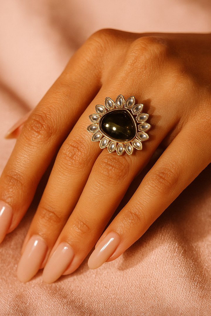 Green Stone Adjustable Ring – Statement Kundan Cocktail Jewellery