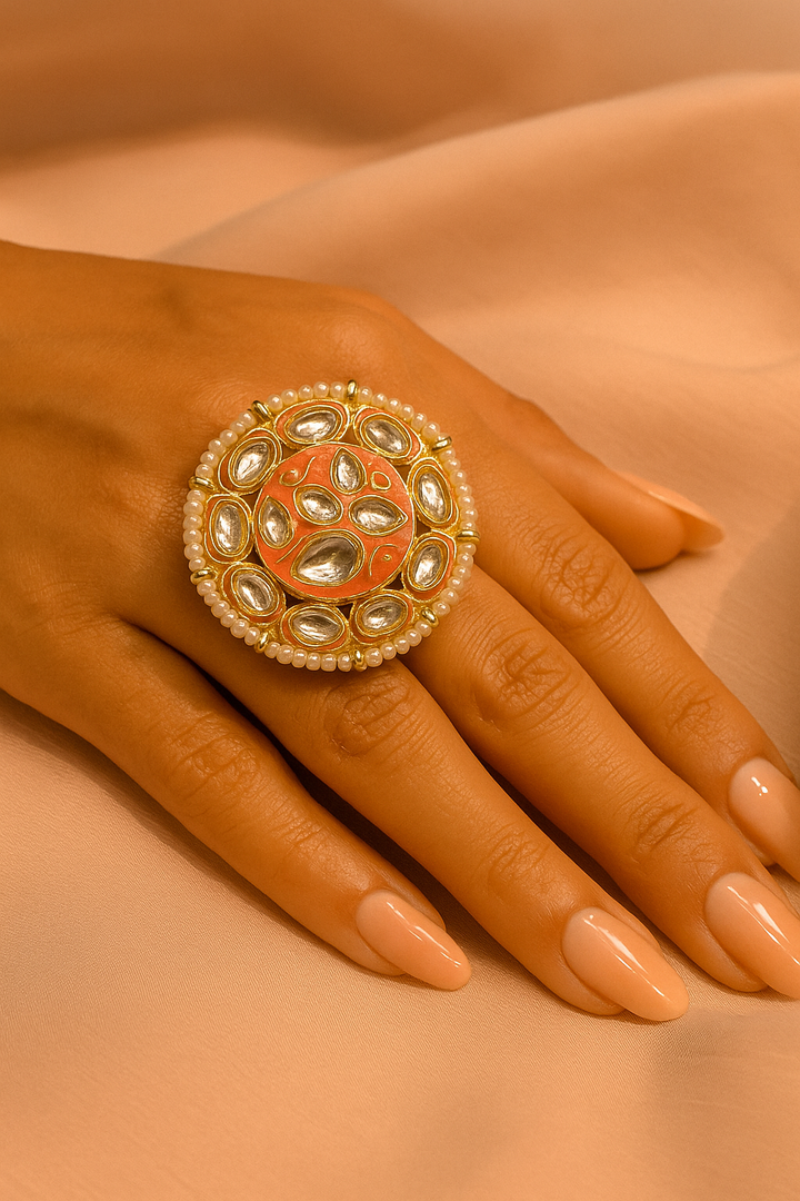 Peach Enamel Kundan Adjustable Ring – Ethnic Oversized Statement Jewellery