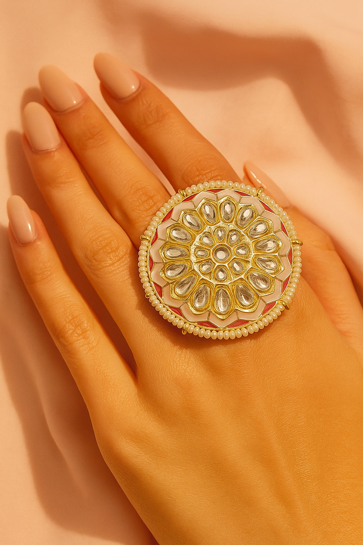 Pink Enamel Kundan Adjustable Ring – Oversized Bridal & Festive Statement Ring