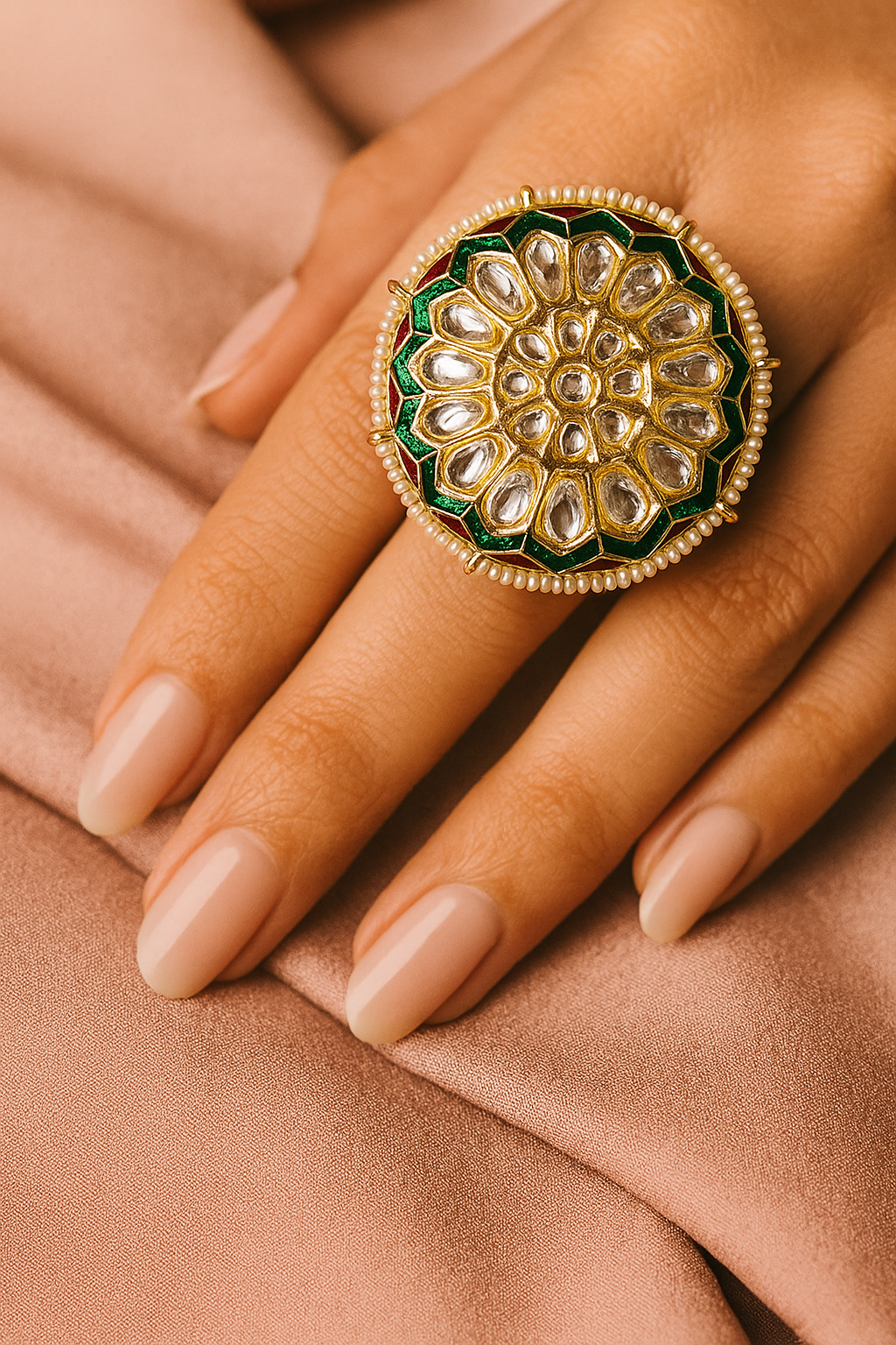 Green & Red Enamel Kundan Adjustable Ring – Oversized Bridal Statement Ring