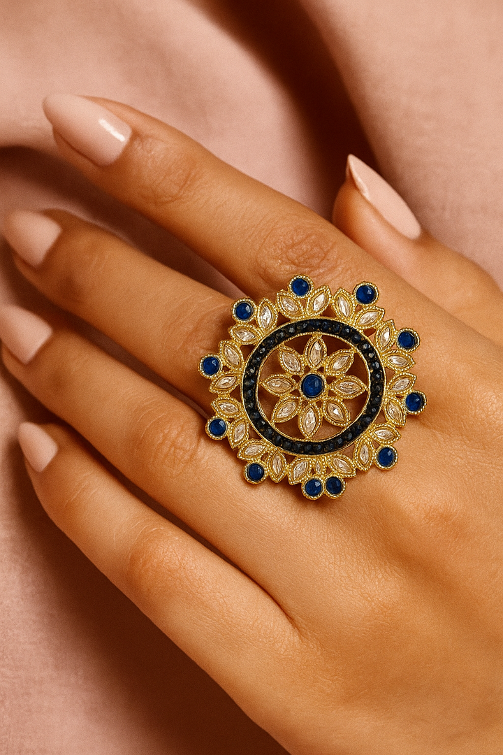 Blue Stone Floral Adjustable Ring – Elegant Kundan Statement Ring