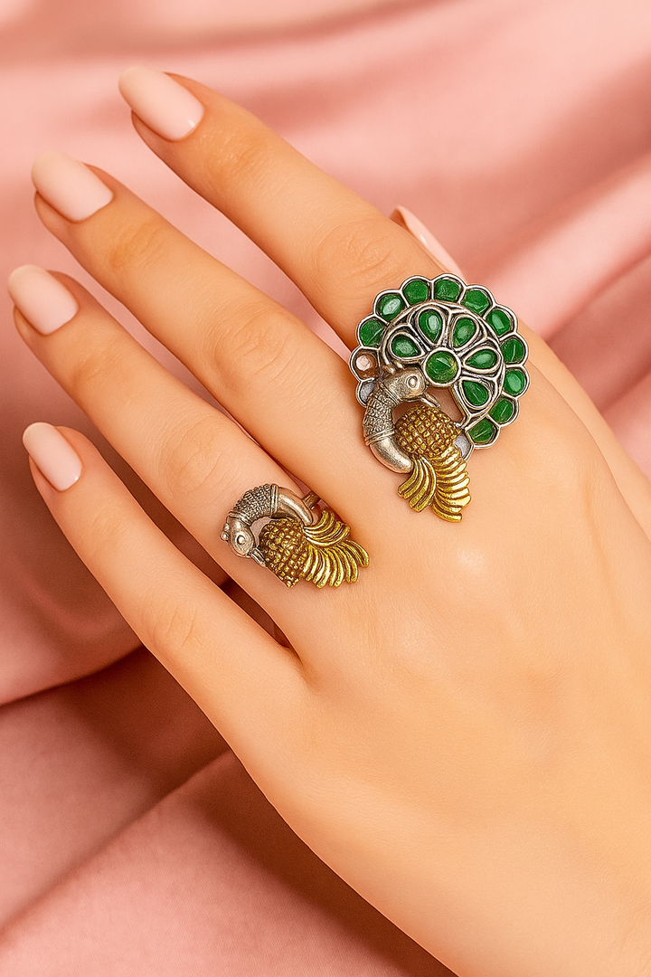 Dual Peacock Oxidized Adjustable Ring with Green Stone Work