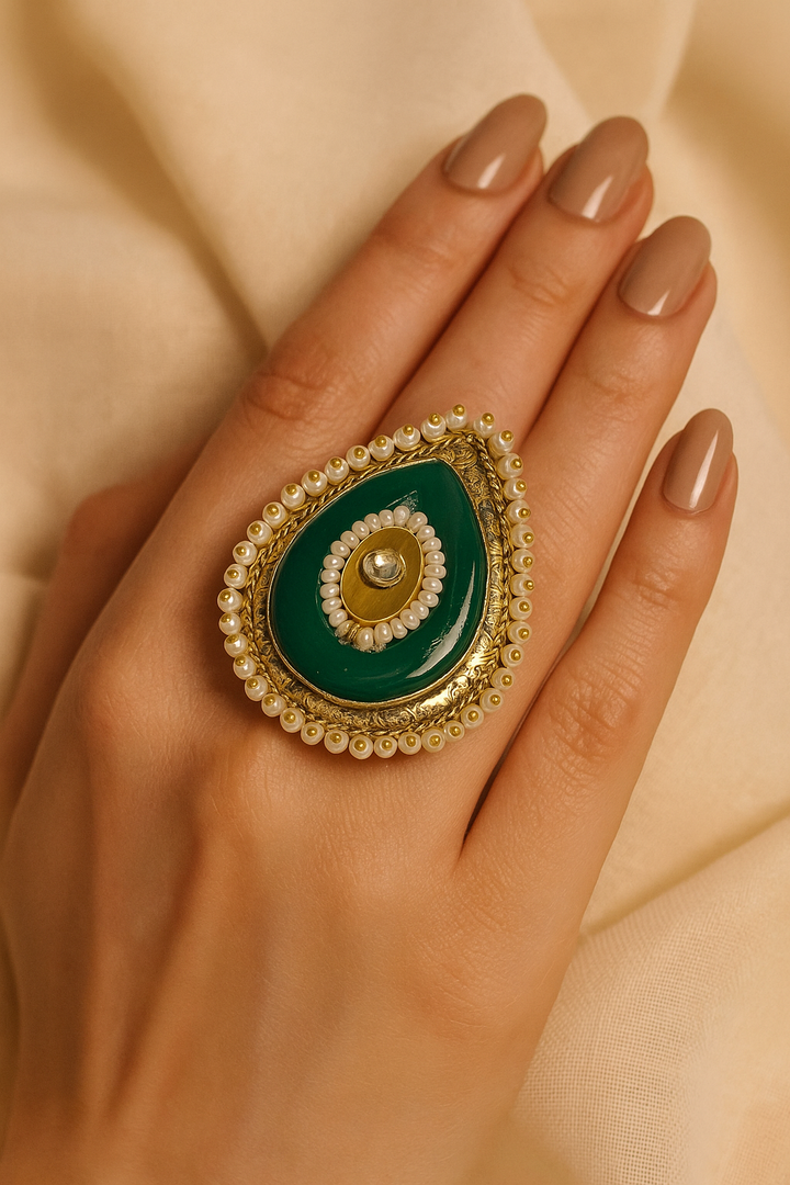 Green Stone Adjustable Ring with Pearl Embellishment