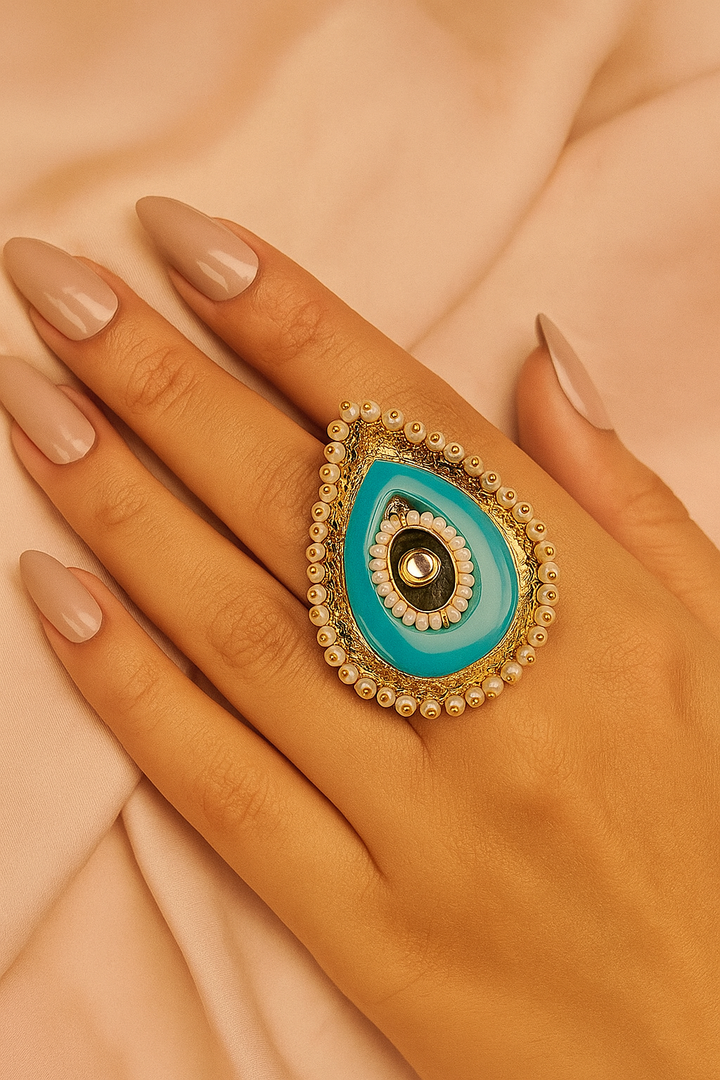 Blue Stone Adjustable Ring with Pearl Border