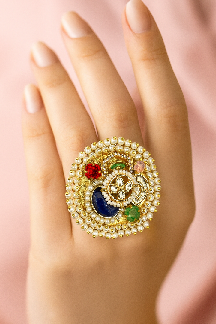 Multicolor Stone Pearl Adjustable Ring